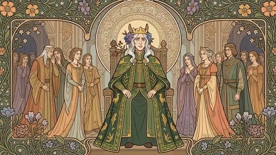 Beispielbild im Stil Jugendstil: Figur auf einem Thron, umgeben von ornamentalen Jugendstil-Rahmen und Blumen in Pastelltönen
