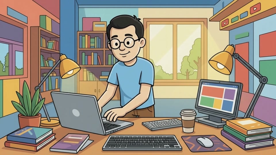 Szenenbild im Stil Erklär-Cartoon aus dem Produktvideo für Presenter: gezeichneter Mann mit Brille arbeitet am Laptop in einem bunten Büro