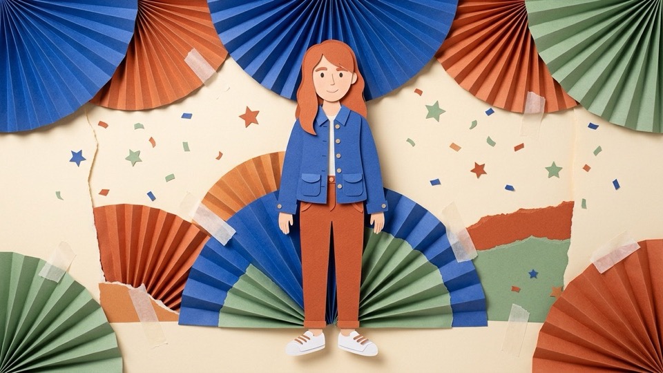 Beispielbild im Stil Paper Cut: Figur aus Tonpapier vor gefalteten Papierfächern in Blau, Orange und Grün, mit Konfetti und Klebestreifen