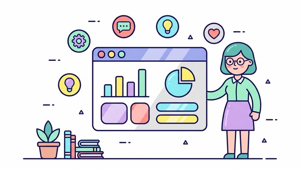 Beispielbild im Stil Vektor-Pop: gezeichnete Frau mit Brille zeigt auf ein Browserfenster mit Diagrammen, umgeben von Icon-Kreisen in Pastellfarben auf Weiß